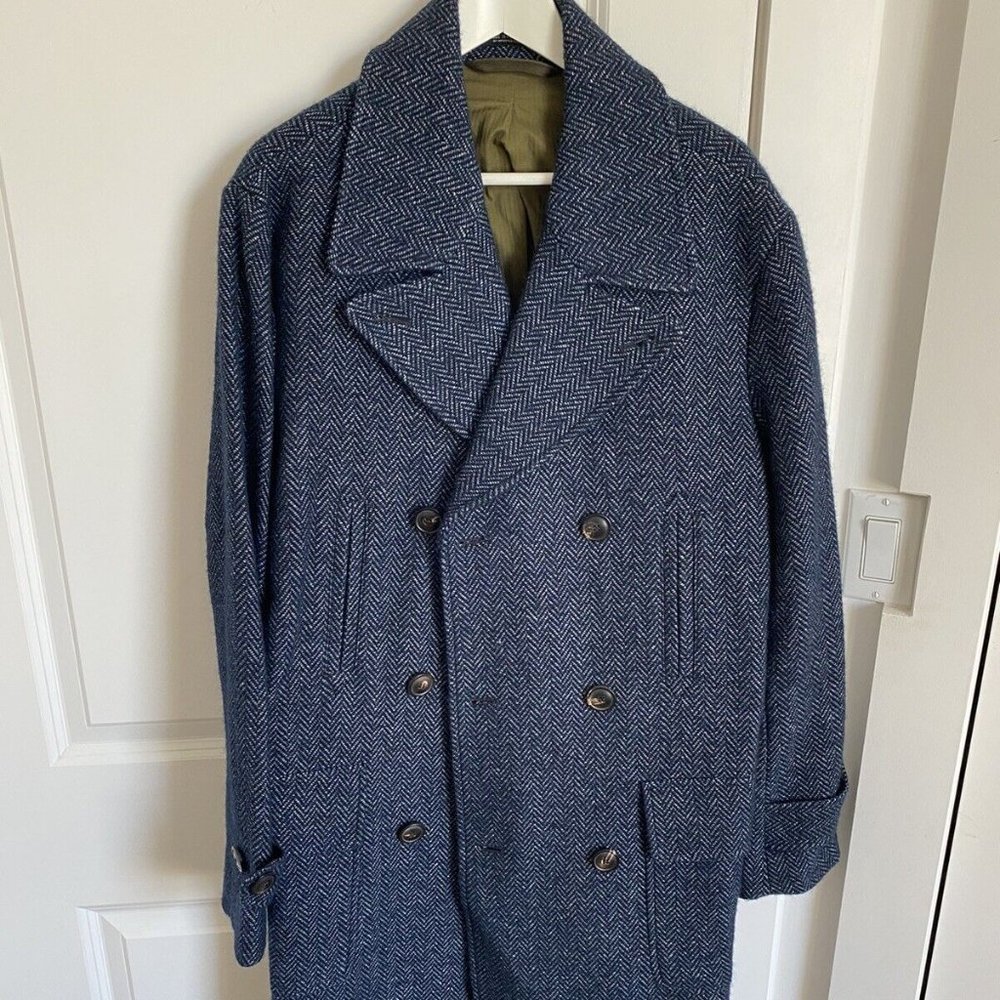 Todd Snyder Navy Herringbone DOUBLE BREASTED OFFICER TOPCOAT Size Medium